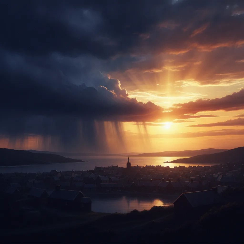 Dramatic split sky with golden sunrise light breaking through dark storm clouds over a quiet town